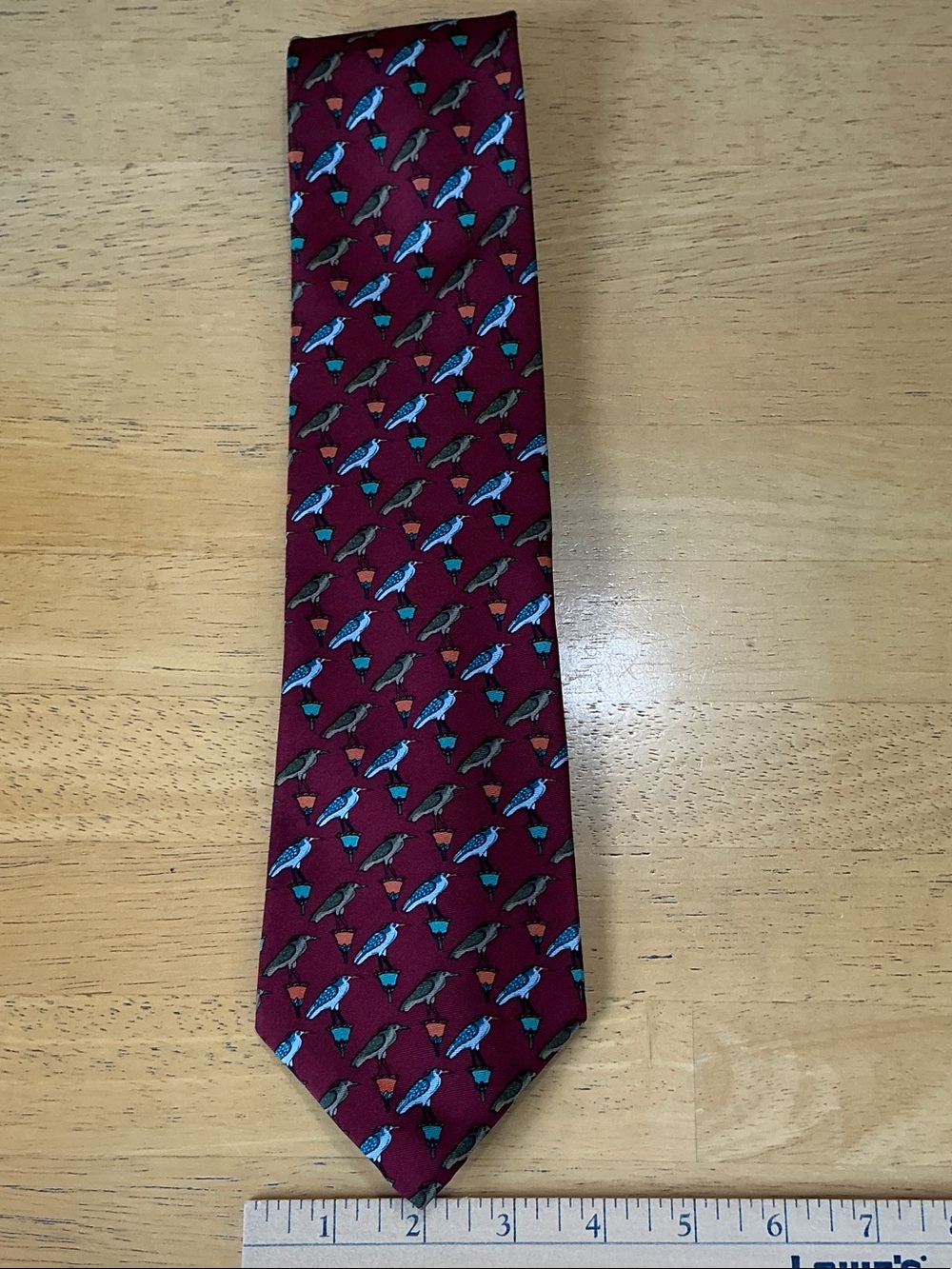 Liberty of London Maroon Tie with Blue and Green Bird Pattern